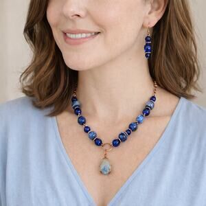 Dendritic Agate 1 1/2 Oval Cabochon Necklace Earrings Blue White 20" copper wire